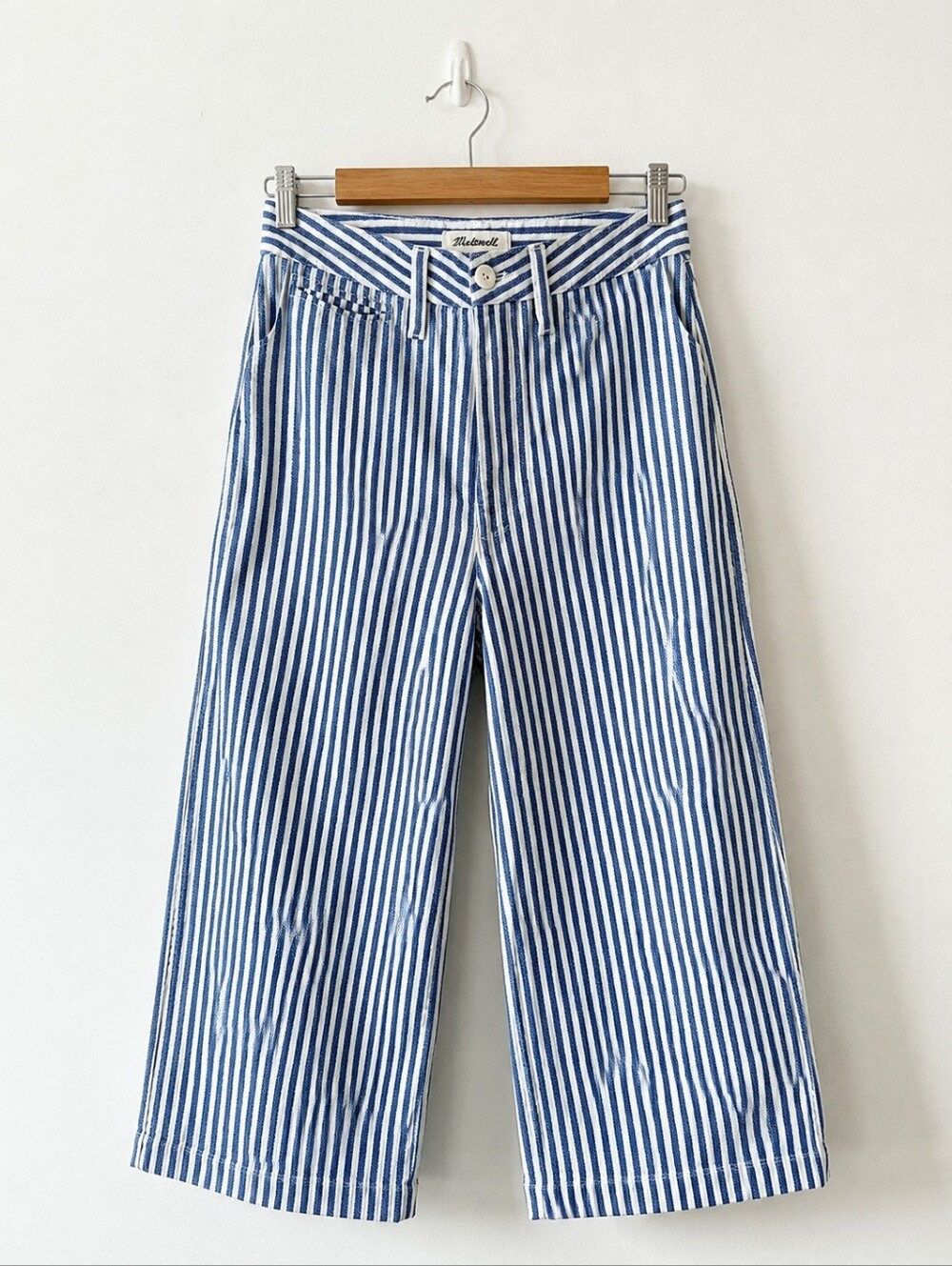 Madewell Blue and White Striped Denim Wide Legged Cropped Jean
